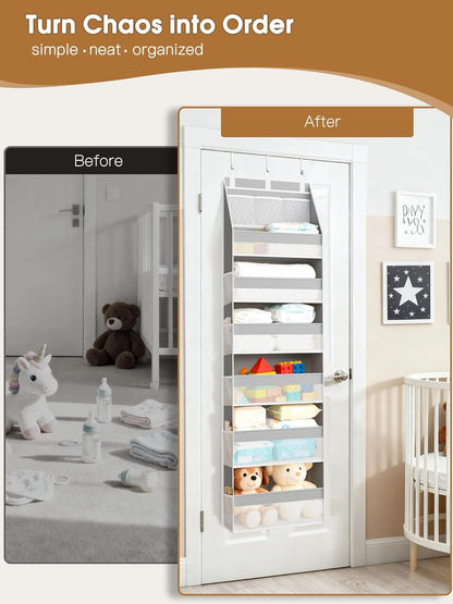 Criusia Over the Door Organizer, 6-Shelf Closet Hanging Storage with 13 Mesh Pockets, 55lbs Capacity Behind the Door Storage for Baby Nursery, Bathroom, Bedroom, and Dorm, Beige