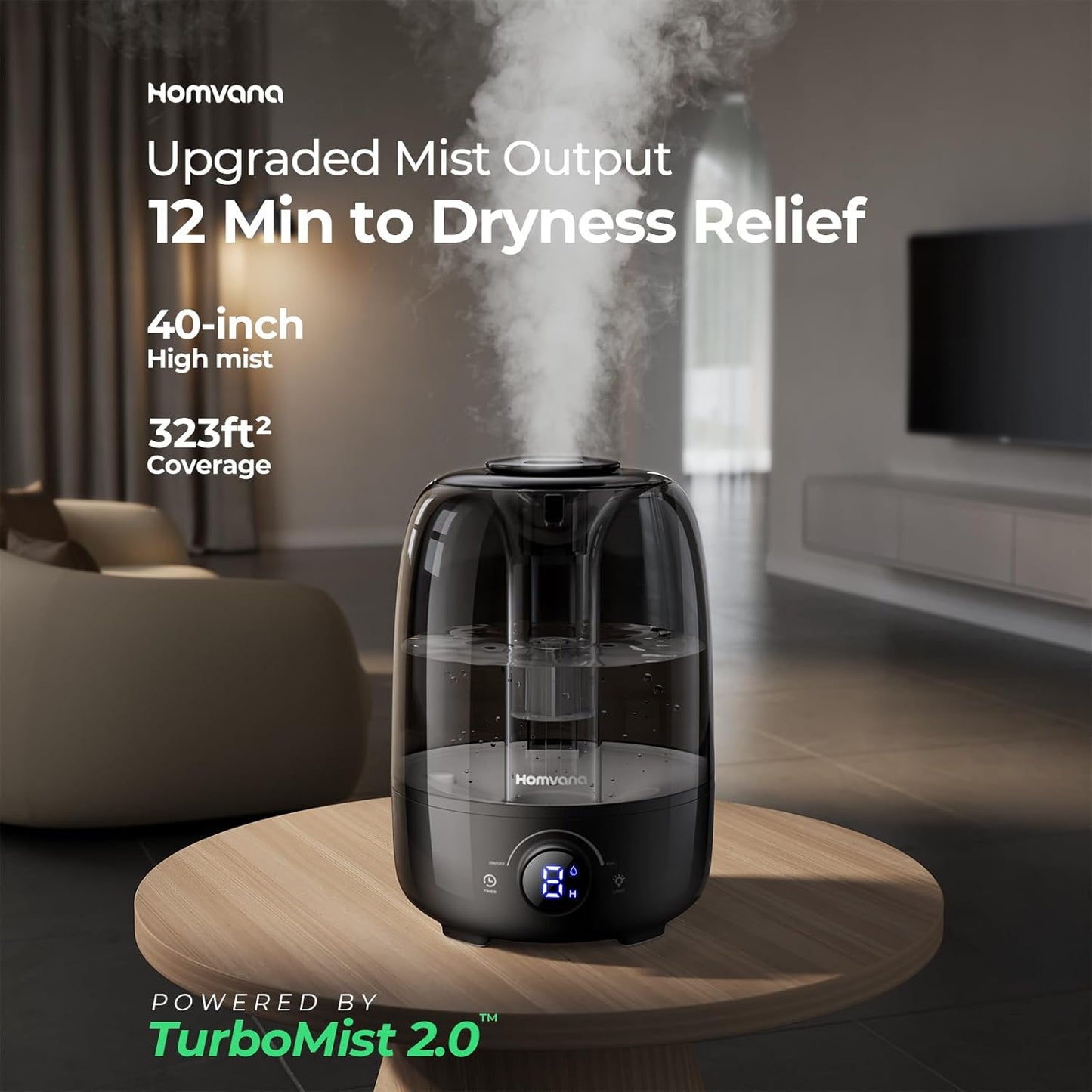 Homvana Humidifiers for Bedroom Diffusers - Top Fill 3.5L Cool Mist Humidifier Large Room, 40H Runtime Diffusers for Home, Air Humidifier for Plants, Baby Nursery, Essential Oil Diffusers (White)