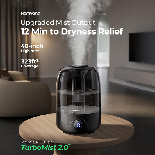 Homvana Humidifiers for Bedroom Diffusers - Top Fill 3.5L Cool Mist Humidifier Large Room, 40H Runtime Diffusers for Home, Air Humidifier for Plants, Baby Nursery, Essential Oil Diffusers (White)