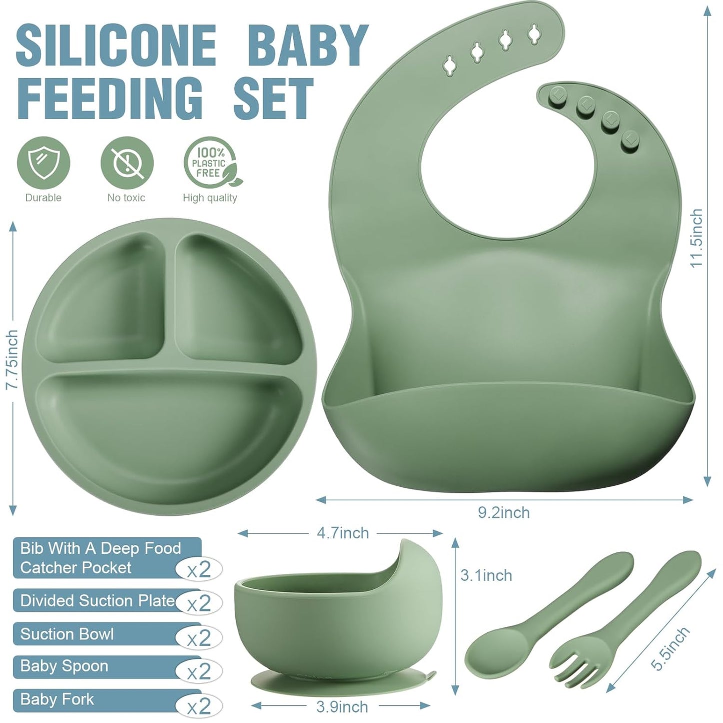 10 Pack Silicone Baby Feeding Set, Toddlers Led Weaning Feeding Supplies with Suction Baby Bowl Divided Plate Adjustable Bib Soft Silicone Spoon Fork, Infant Self Eating Utensil Set (Gray, Khaki)