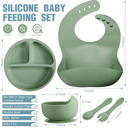 10 Pack Silicone Baby Feeding Set, Toddlers Led Weaning Feeding Supplies with Suction Baby Bowl Divided Plate Adjustable Bib Soft Silicone Spoon Fork, Infant Self Eating Utensil Set (Gray, Khaki)