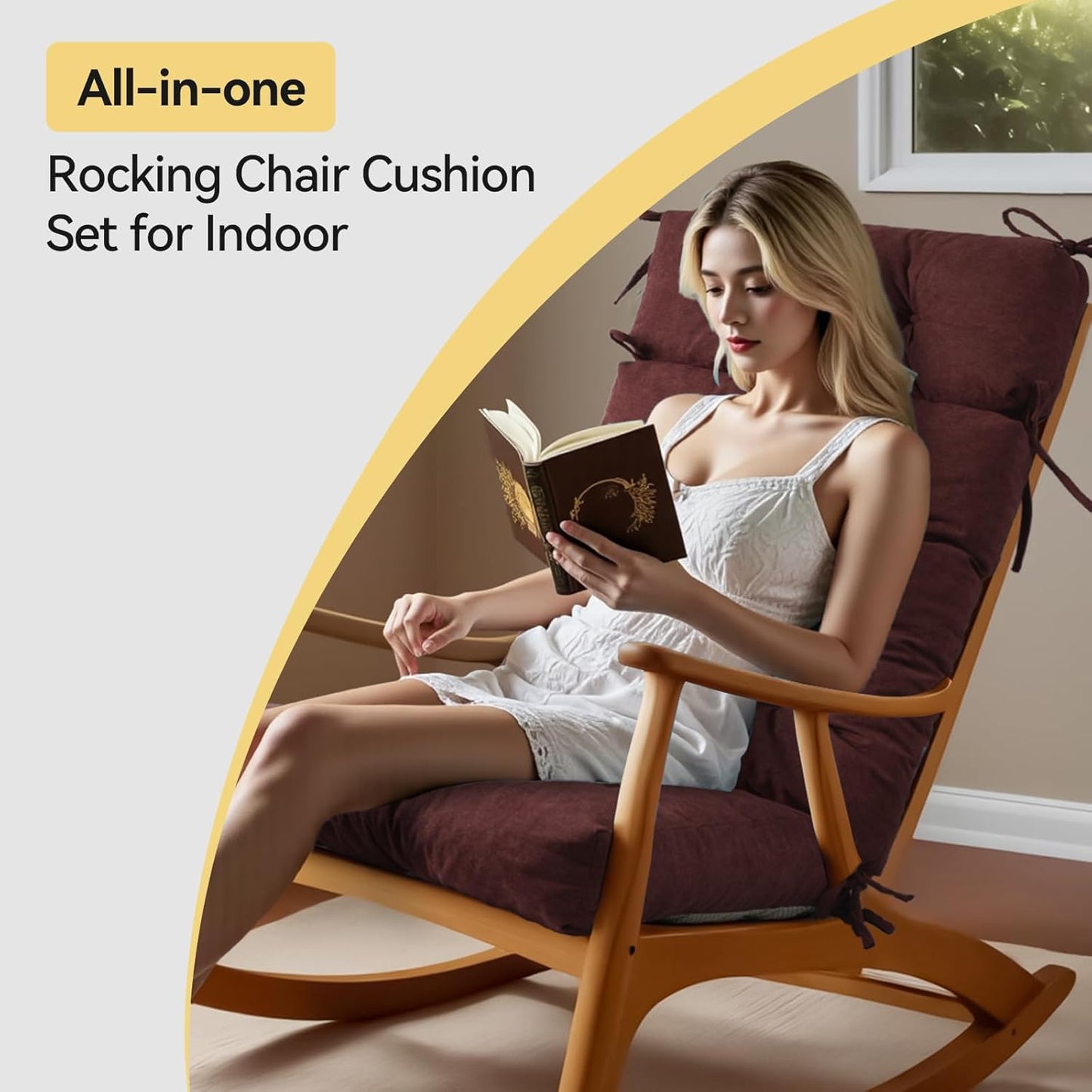 Millsilo Rocking Chair Cushions 3-Piece Set with Neck Pillow, Indoor Rocker Comfortable Tufted Non-Slip Pads with Ties, High-Density Foam Cushion for Adirondack Glider Chair, Orange, 52 x 19 x 4 Inch