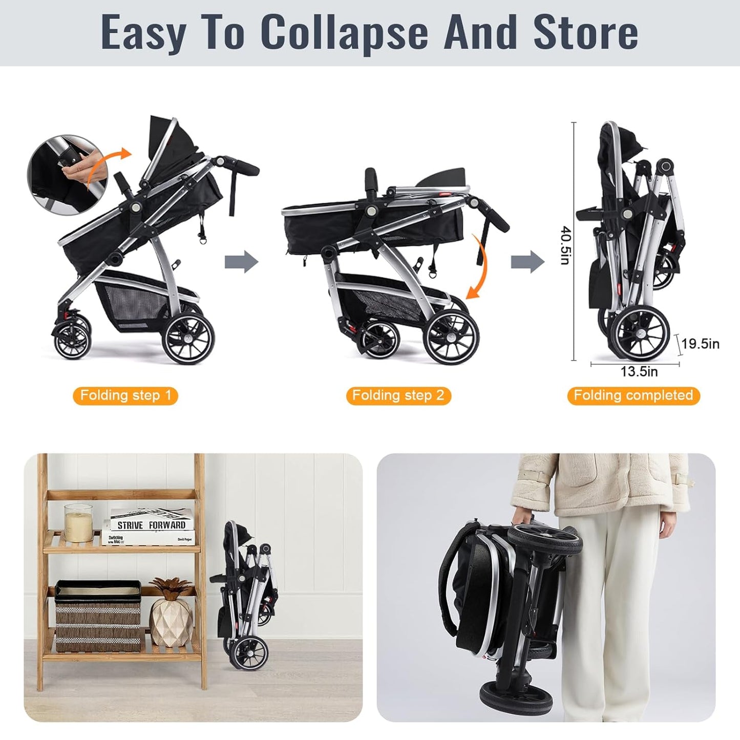 Baby Stroller, 2-in-1 Reversible Toddler Seat with Lie-Flat Mode, Foldable Infant Stroller with Canopy, One Button Brake, Adjustable Handle, Newborn Pushchair (Black B)
