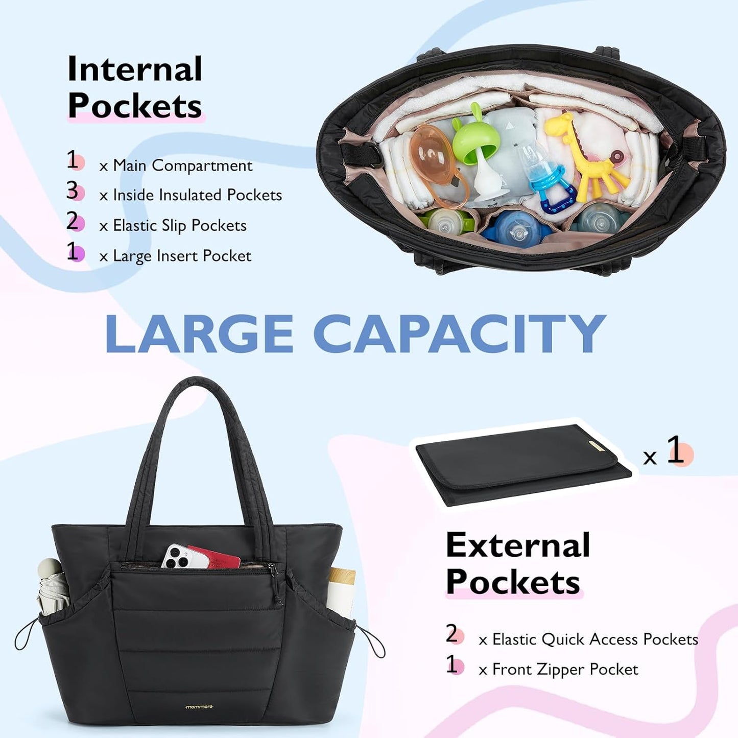 mommore Diaper Bag Tote with Stroller Organizer Puffer Bag Large Capacity Baby Bag with Changing Pad for Travel, Hospital
