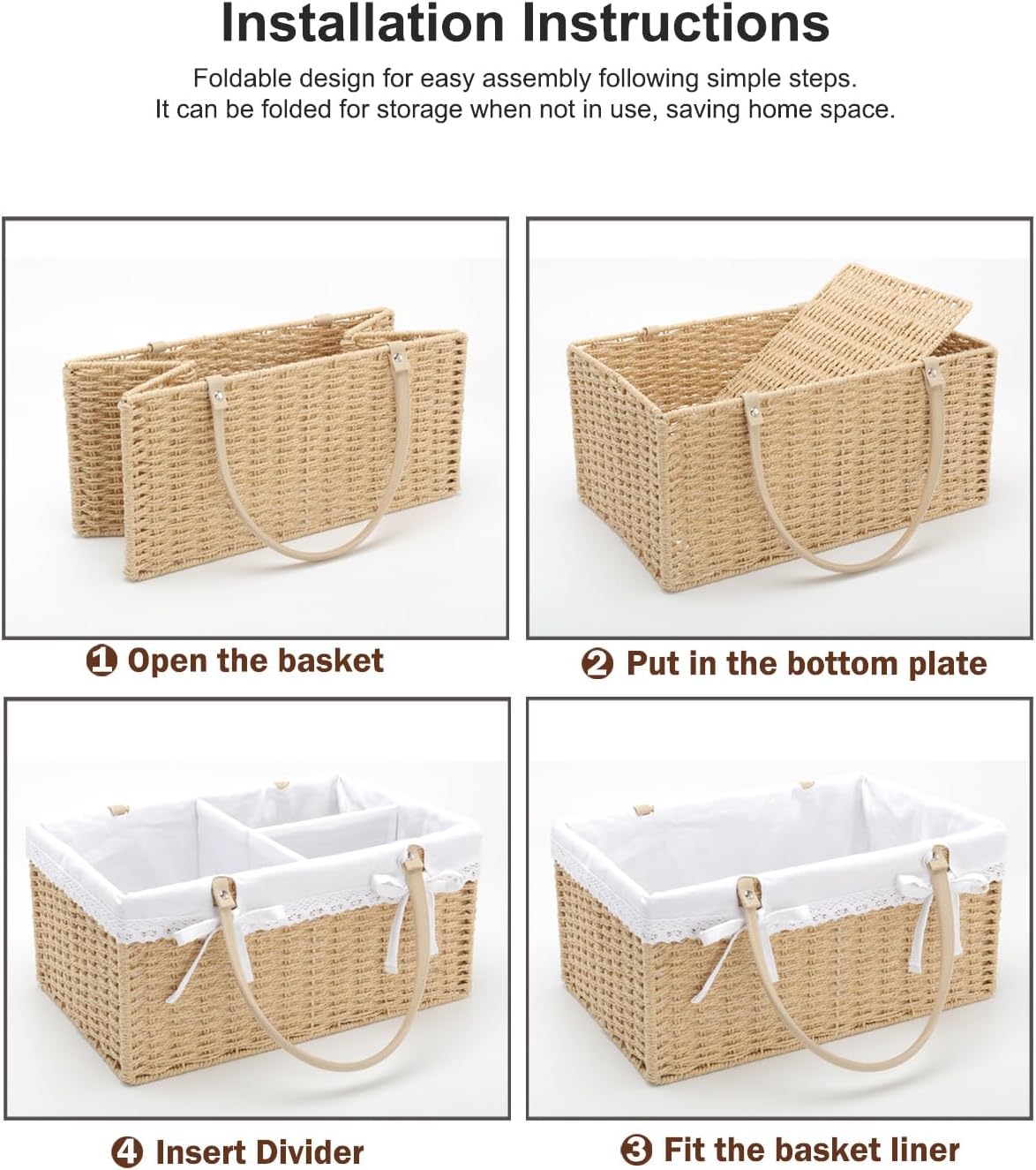 Large Baby Diaper Caddy Basket - Wicker Paper Rope Storage Baskets Portable Woven Car Organizer for Diapers With Cotton Divider Brown