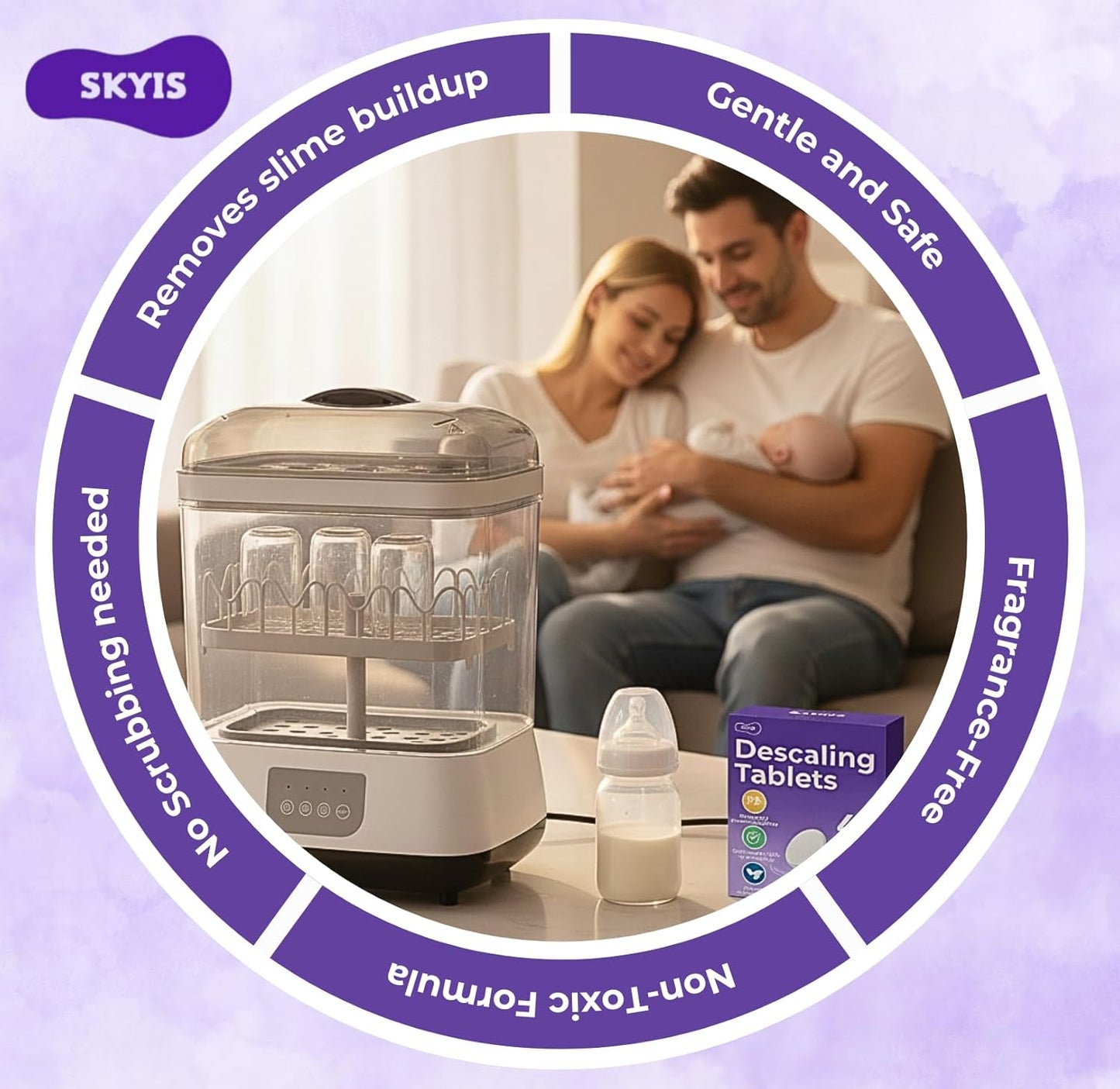 Skyis 48 Descaling Tablets Baby Bottle Washer Cleaner Tablets Compatible with Baby Bottle Washers Baby Bottle Sterilizers Warmers and Formula Makers Effective Cleaner for Limescale and Residue