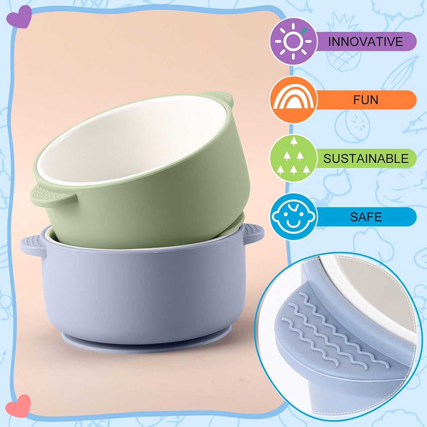 Domensi 4 Sets Kids Porcelain Bowls with Suction Sleeves Toddler Suction Bowl Upgrade Durable Microwave Dishwasher Safe Cereal Soup Snack Dishes for Baby Children Feeding Supplies (Macaron Colors)