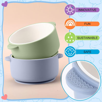 Domensi 4 Sets Kids Porcelain Bowls with Suction Sleeves Toddler Suction Bowl Upgrade Durable Microwave Dishwasher Safe Cereal Soup Snack Dishes for Baby Children Feeding Supplies (Macaron Colors)