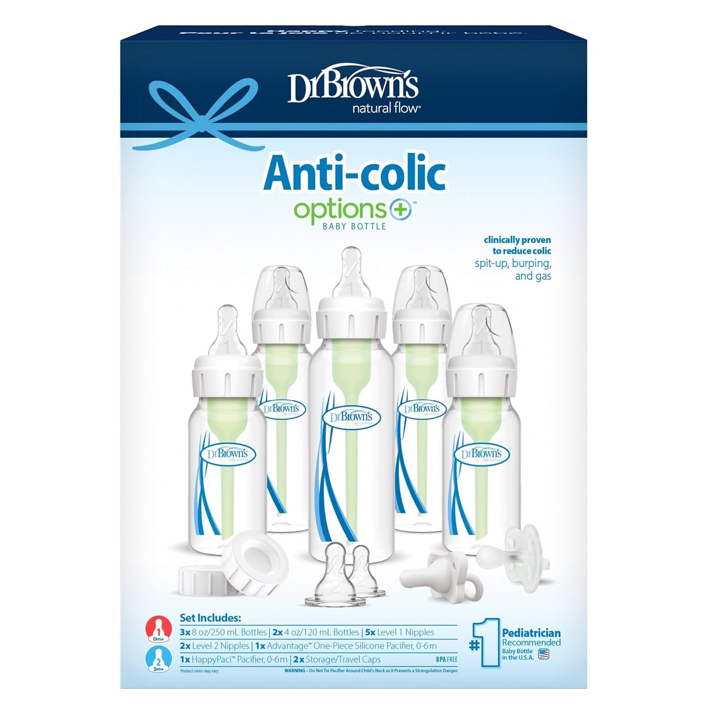 Dr. Brown's Natural Flow Anti-Colic Options+ Narrow Baby Bottle Gift Set with Advantage Pacifier & Bottle Travel Caps, 0m+