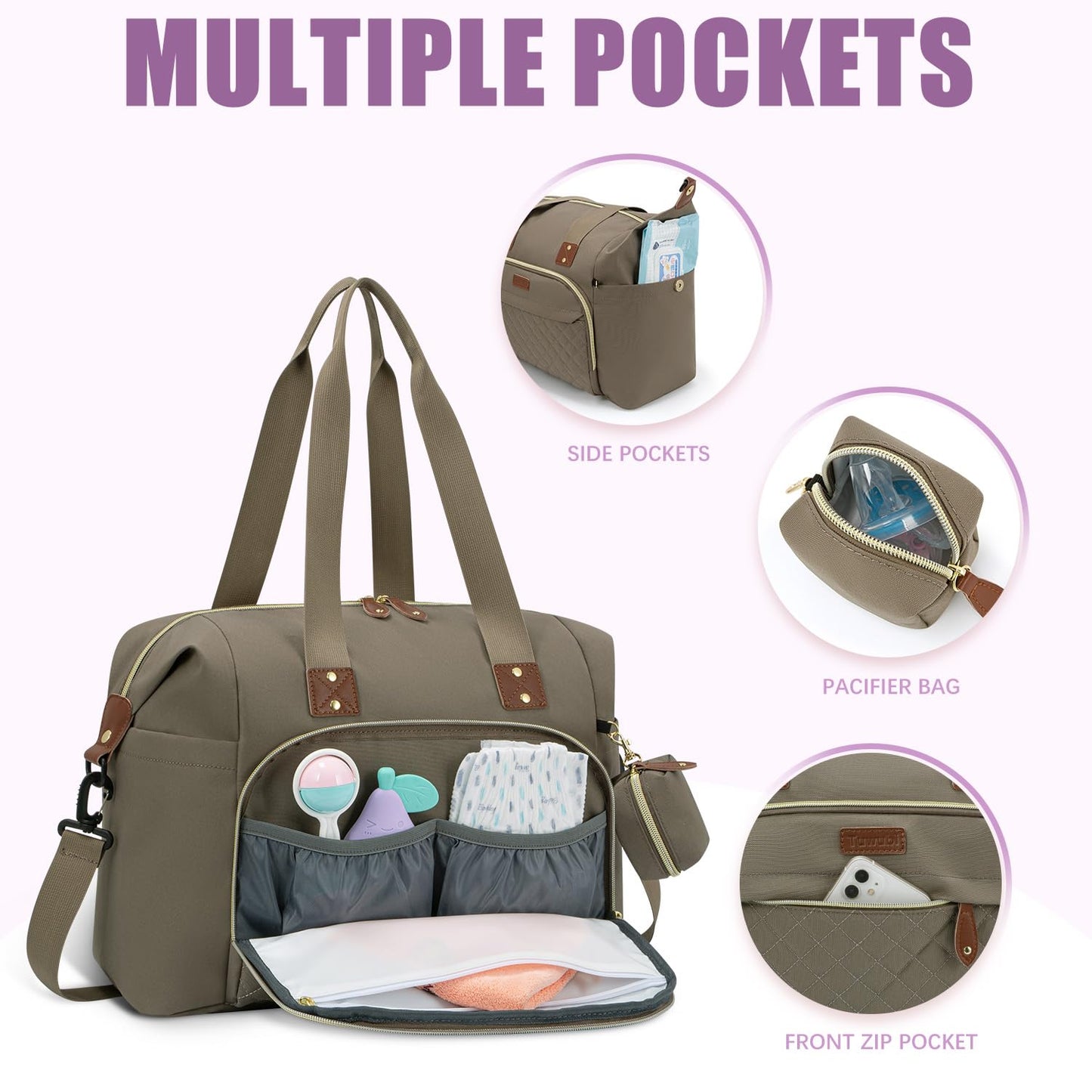 Tuwubi Diaper Bag Tote,Baby Diaper Bag with Pacifier Case Large Travel Diaper Tote Caddy for Mom and Dad Multifunction Large Baby Bag - M-Pink