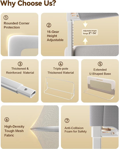 Baby Bed Rail Guard, 32in Thickened Toddler Bed Rail for Toddlers, Extral Tall Swing Down Kids Child Safety Side Railing Guards/Rails for Twin, Full, Queen, King Bunk Size Bed, White/Grey, 27”H