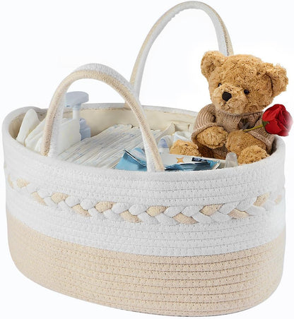 Diaper caddy Organizer, Cotton Rope Gift Basket with Removable Divider, Nursery Storage Organizer for Baby Essentials, Changing Table Diaper Storage Caddy (Pink)