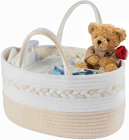Diaper caddy Organizer, Cotton Rope Gift Basket with Removable Divider, Nursery Storage Organizer for Baby Essentials, Changing Table Diaper Storage Caddy (Pink)