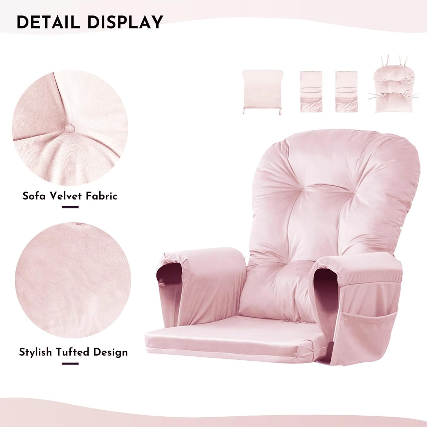 Lucky Monet 5Pcs Glider Rocker Replacement Cushions - Velvet Glider Cushions Replacement Set with Side Storage Pockets, Thick Glider Chair Cushions Washable & Non Slip, Cushion ONLY - Beige