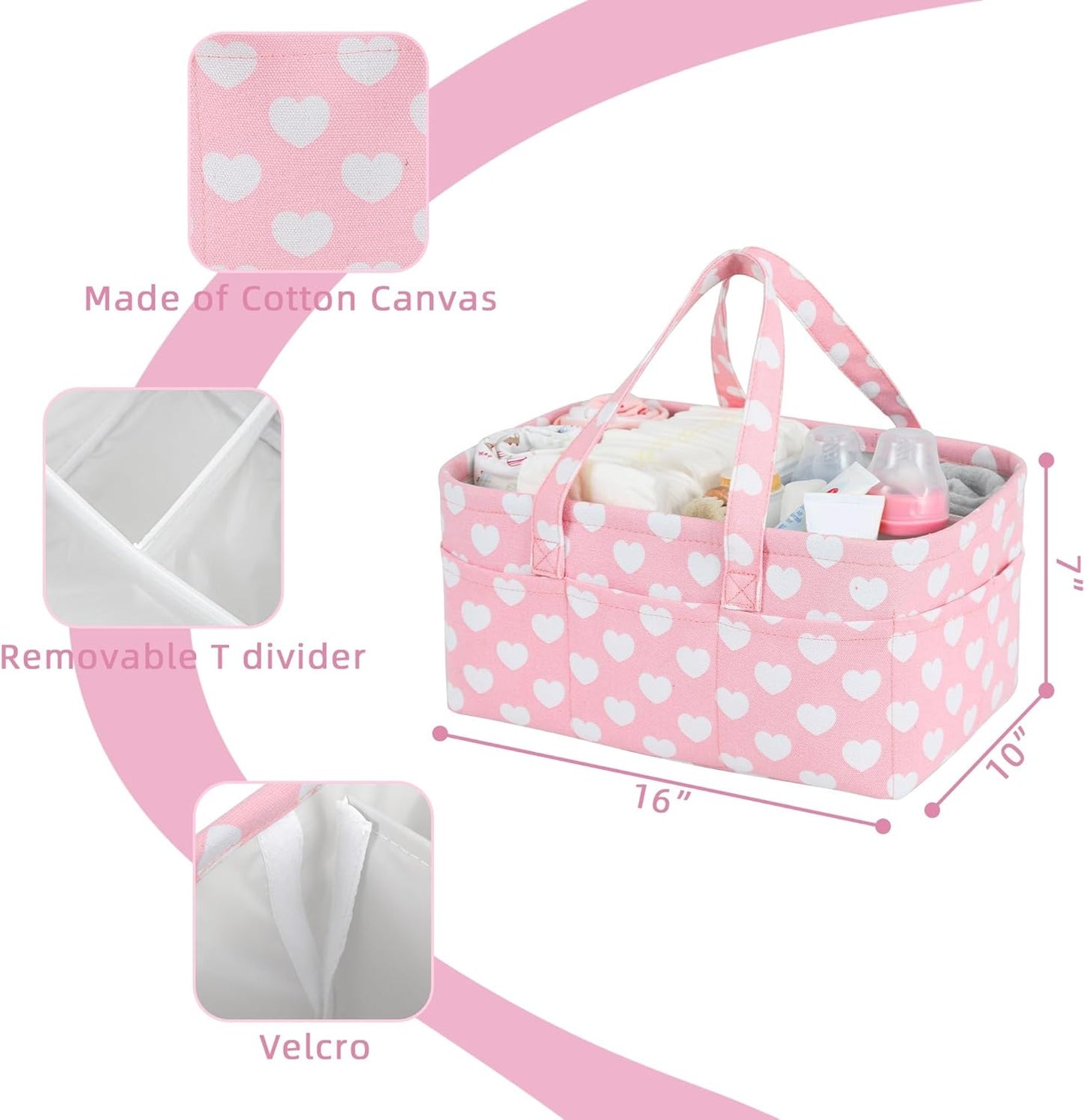 Pink Diaper Caddy Organizer for Baby Girl-Large Portable Diaper Caddy Basket for Changing Table-Diaper Organizer Caddy-Car Travel Tote Bag-Newborn Registry Baby Shower Basket for Diapers & Wipes