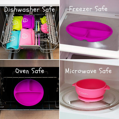 EVLA'S Baby Feeding Set, Baby Led Weaning Supplies, Adjustable Silicone Bibs, Divided Plate, Suction Bowl with Lid, Soft Spoons for Babies or Toddlers, Baby Registry must have!(Pink and Purple)