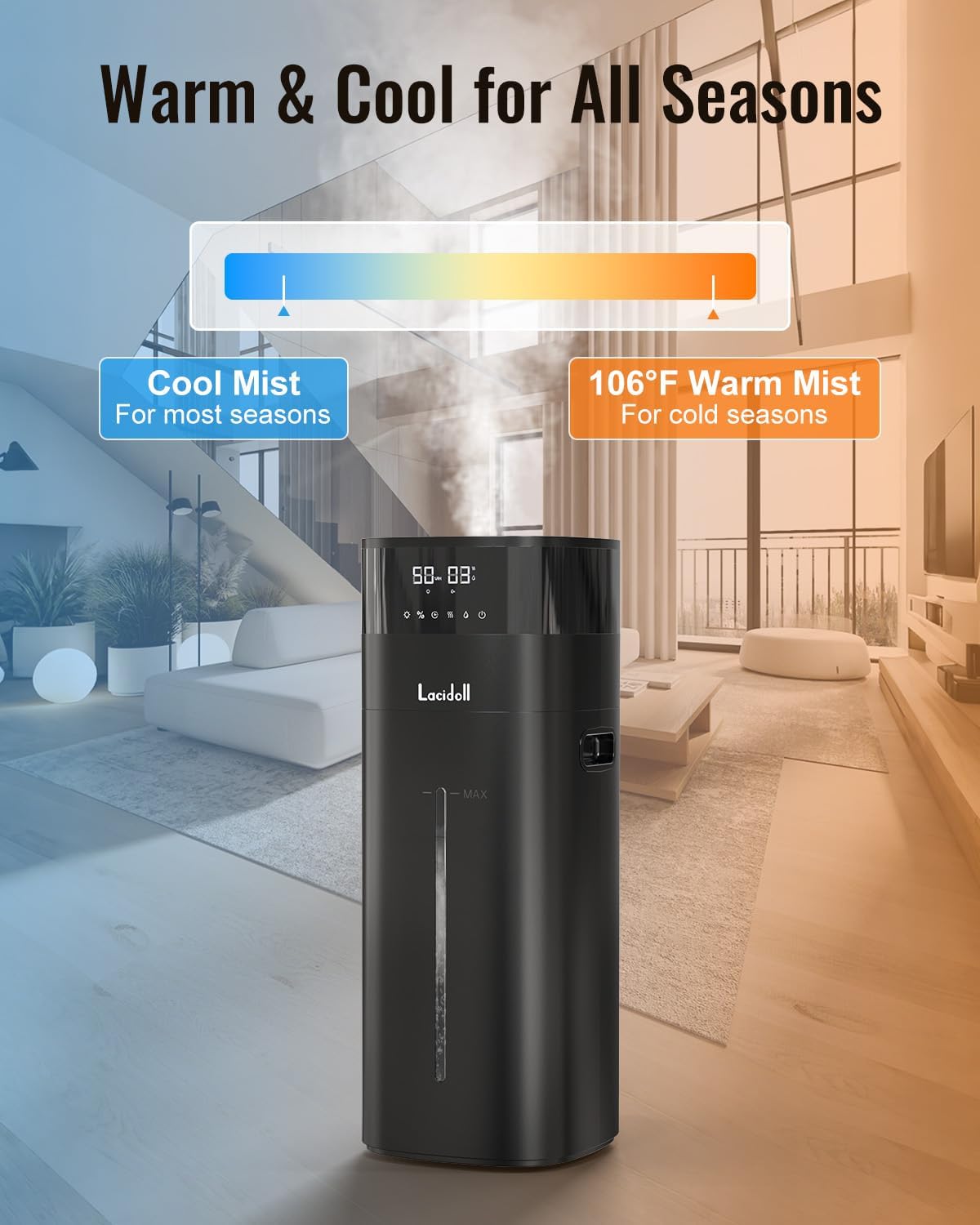 Lacidoll Cool and Warm Mist Humidifier Large Room, 5.3Gal/20L Humidifiers for Home 2000 sq ft, Whole House Humidifiers with Diffuser Extended Tube, Air Humidifier for Bedroom Nursery Baby Plants Black