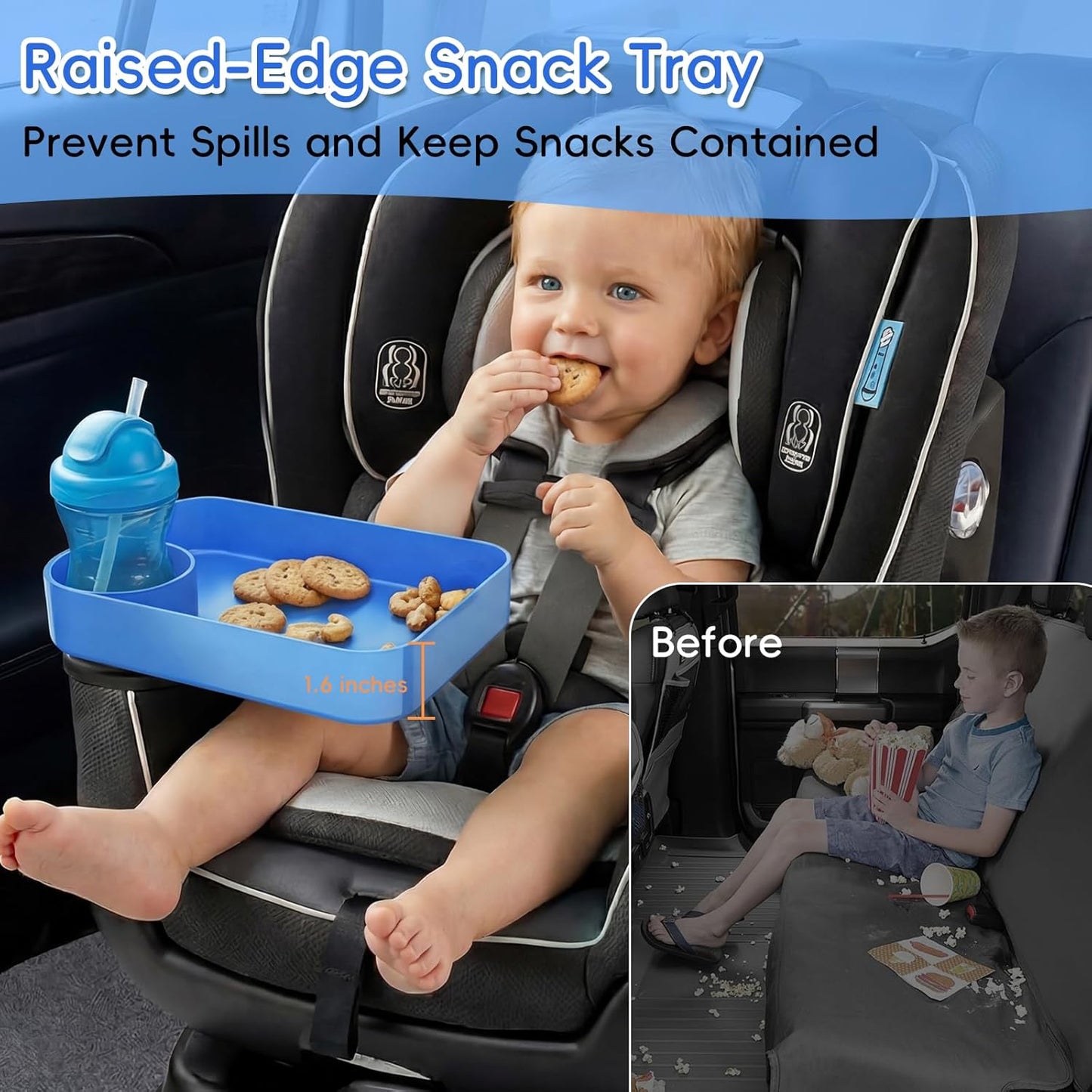 Kids Car Seat Tray, Travel Tray with Cup Holder for Toddler Baby, Kids Car Seat Food Snack Organizer for Road Trip, Stroller Snack Organizer Travel Must Haves Toddler Must Haves (Dark Gray, 1PCS)