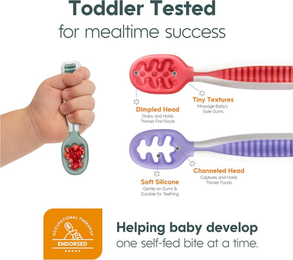 NumNum Baby Spoons Set, Baby Essentials Pre-Spoon GOOtensils for 6+ Months, First Stage Self-Feeding Spoons for Baby Led Weaning (BLW), Silicone Toddler Utensils, BPA-Free, 2 Pack Gray/Green