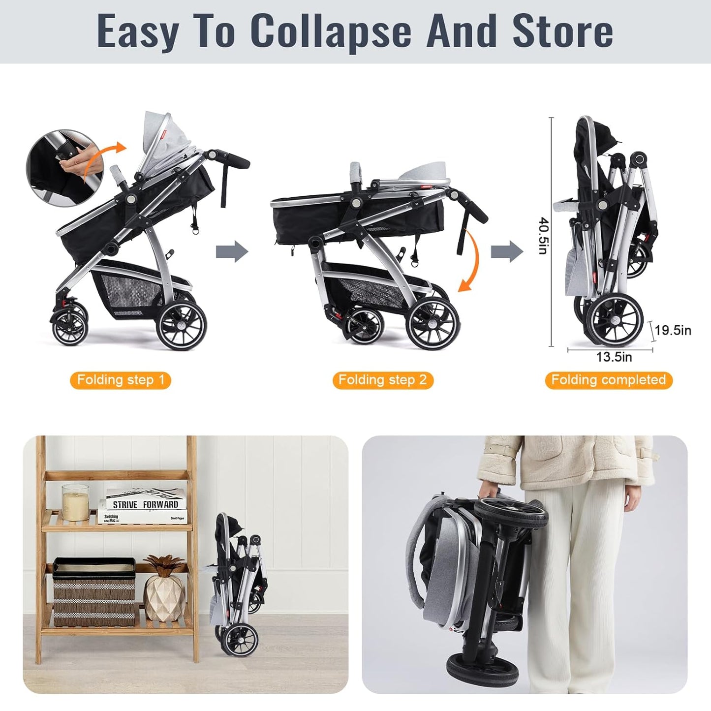 Baby Stroller, 2-in-1 Reversible Toddler Seat with Lie-Flat Mode, Foldable Infant Stroller with Canopy, One Button Brake, Adjustable Handle, Newborn Pushchair (Black B)