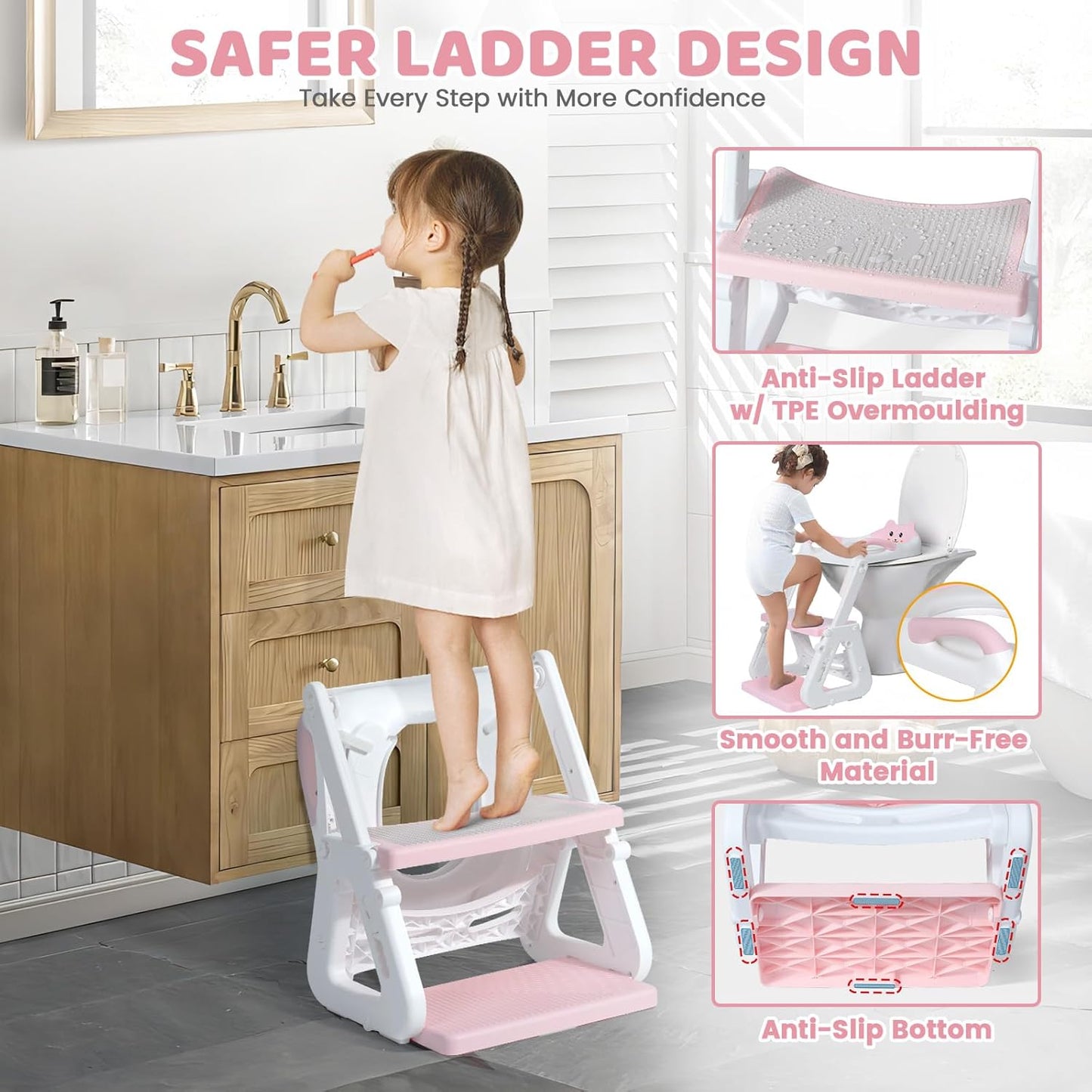 Orzbow Potty Training Seat | Upgrade Toddler Potty Training Toilet with Step Stool, 2-in-1 Stability Toilet Seat for Boys Girls | with Splash Guard, Anti-Slip Pad, Ladder, and Height Adjustable, Pink
