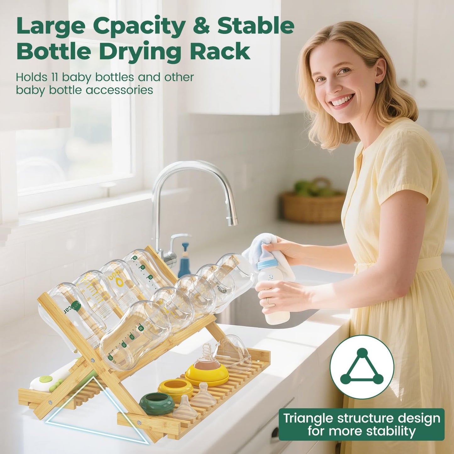 EsLuker.ly Baby Bottle Drying Rack Bamboo Vertical Dryer Holder, Space Saving for 12 Milk Glass Bottle Countertop, Wooden Drain Stand Shelf for New Parents