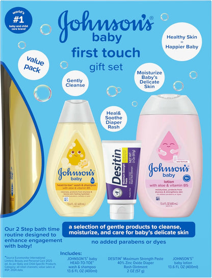 Johnson's First Touch Baby Essentials Gift Set with Body Wash & Shampoo, Body Lotion, & Zinc Oxide Diaper Rash Cream for Baby's Delicate Skin, Hypoallergenic, No Parabens or Dyes, 3 Items