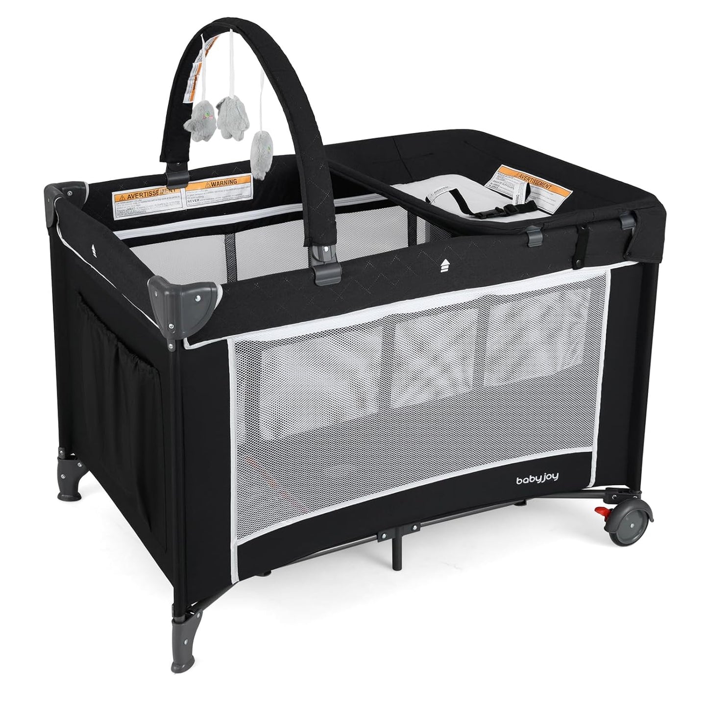 BABY JOY 3 in 1 Pack and Play, Travel Baby Crib Bassinet Bed with Bassinet, Changing Table with Safety Belt, Toy Bar, Lockable Wheels, Portable Baby Playard from Newborn to Toddler