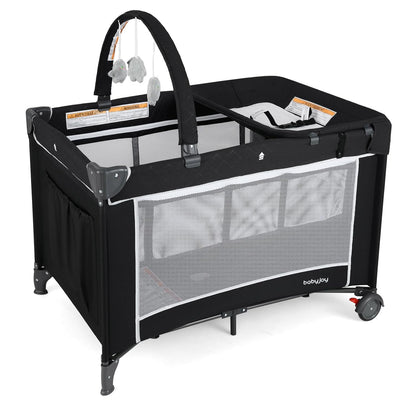 BABY JOY 3 in 1 Pack and Play, Travel Baby Crib Bassinet Bed with Bassinet, Changing Table with Safety Belt, Toy Bar, Lockable Wheels, Portable Baby Playard from Newborn to Toddler
