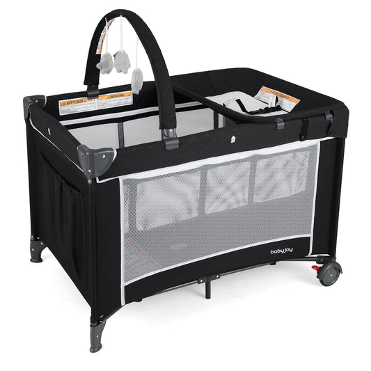BABY JOY 3 in 1 Pack and Play, Travel Baby Crib Bassinet Bed with Bassinet, Changing Table with Safety Belt, Toy Bar, Lockable Wheels, Portable Baby Playard from Newborn to Toddler