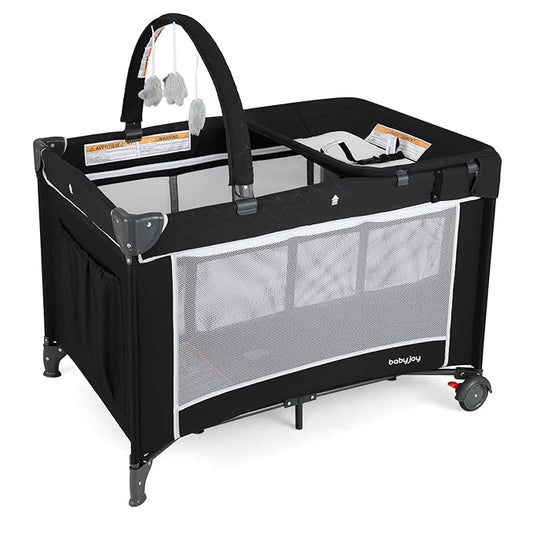 BABY JOY 3 in 1 Pack and Play, Travel Baby Crib Bassinet Bed with Bassinet, Changing Table with Safety Belt, Toy Bar, Lockable Wheels, Portable Baby Playard from Newborn to Toddler