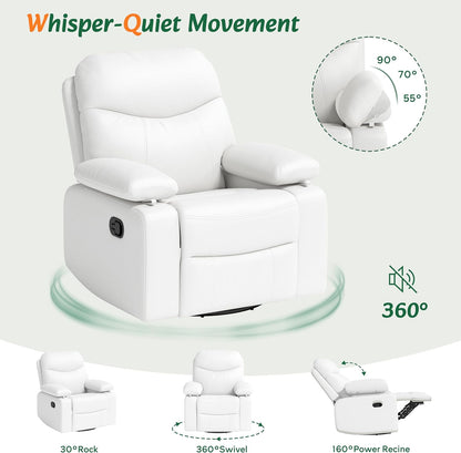 Nursery Glider Recliner with Adjustable Armrests, Oversized Comfortable Nursing Chair for Breastfeeding Moms, 360°Swivel, 90°-160° Recline, Quiet Rocking Chair Nursery for Living Room, White