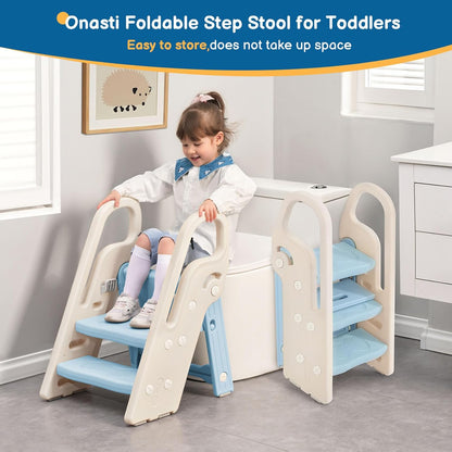 Onasti Foldable Toddler Step Stool for Bathroom Sink, Adjustable 3 Step Stool for Kids Toilet Potty Training Stool with Handles, Child Kitchen Counter Stool Helper, Plastic Ladder for Toddlers Pink