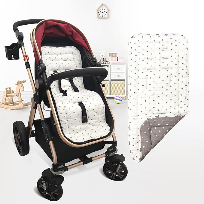 Baby Stroller Cushion,Infant Car Seat Insert-Reversible Universal Breathable and Soft Newborn seat Liner for Stroller,100% Cotton Seat Pad Liner for Newborns-34x78cm,1 Pack(White+Grey Cross)