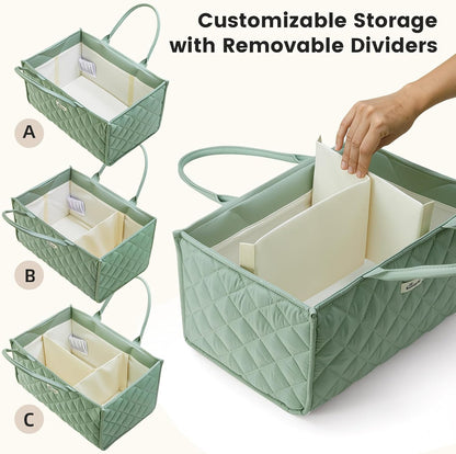 SUNVENO Quilted Diaper Caddy Organizer, Soft Padded Baby Diaper Caddy with Removable Dividers, Large Nursery Storage Basket for Diapers, Wipes and Baby Essentials, Portable Nursery Organizer, Brown