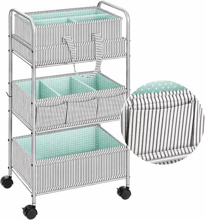 WILLBOND 2in1 Baby Diaper Caddy Organizer Cart, 3 Tier Large Capacity Metal Utility Bedside Rolling Cart with Divider for Newborn Registry Nursery Essential Must Have Gift Baby Shower Bedroom(Pink)