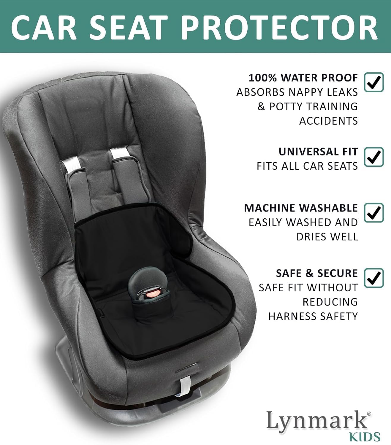 Lynmark® Potty Training Car Seat Protector Cover - Waterproof Soft Piddle Pads for Toddlers and Baby Carseat - Travel-Friendly Universal Washable Liner Mat for Spills, Nappy Leaks, Accidents - Black