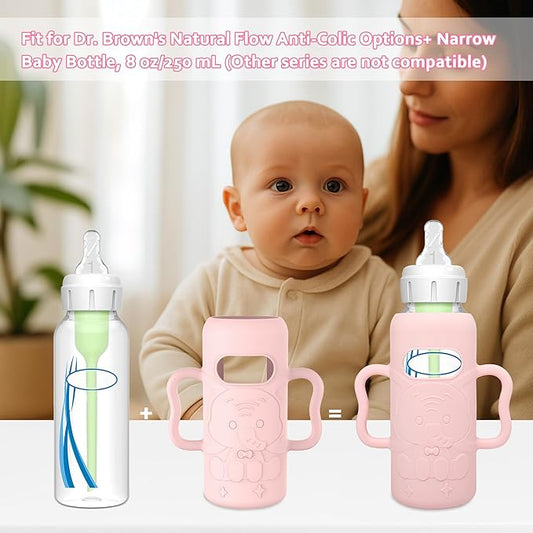 KingKam 4 Pack Silicone Sleeves for Dr. Brown's Glass Baby Bottles, Drop Protection Bottle Sleeves with Handles, Compatible with Dr. Brown's Anti-Colic Options+ Narrow Glass Baby Bottles, 8 oz/250 mL