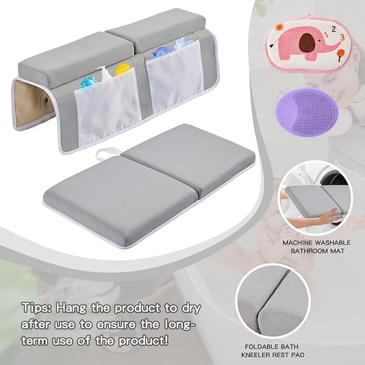 Bath Kneeler and Elbow Rest Pad Set, Thick Soft Quick Dry Bathtub Mat for Baby Bathing Time, Memory Foam With Toys Organizer, Gifts for Parents, Grey