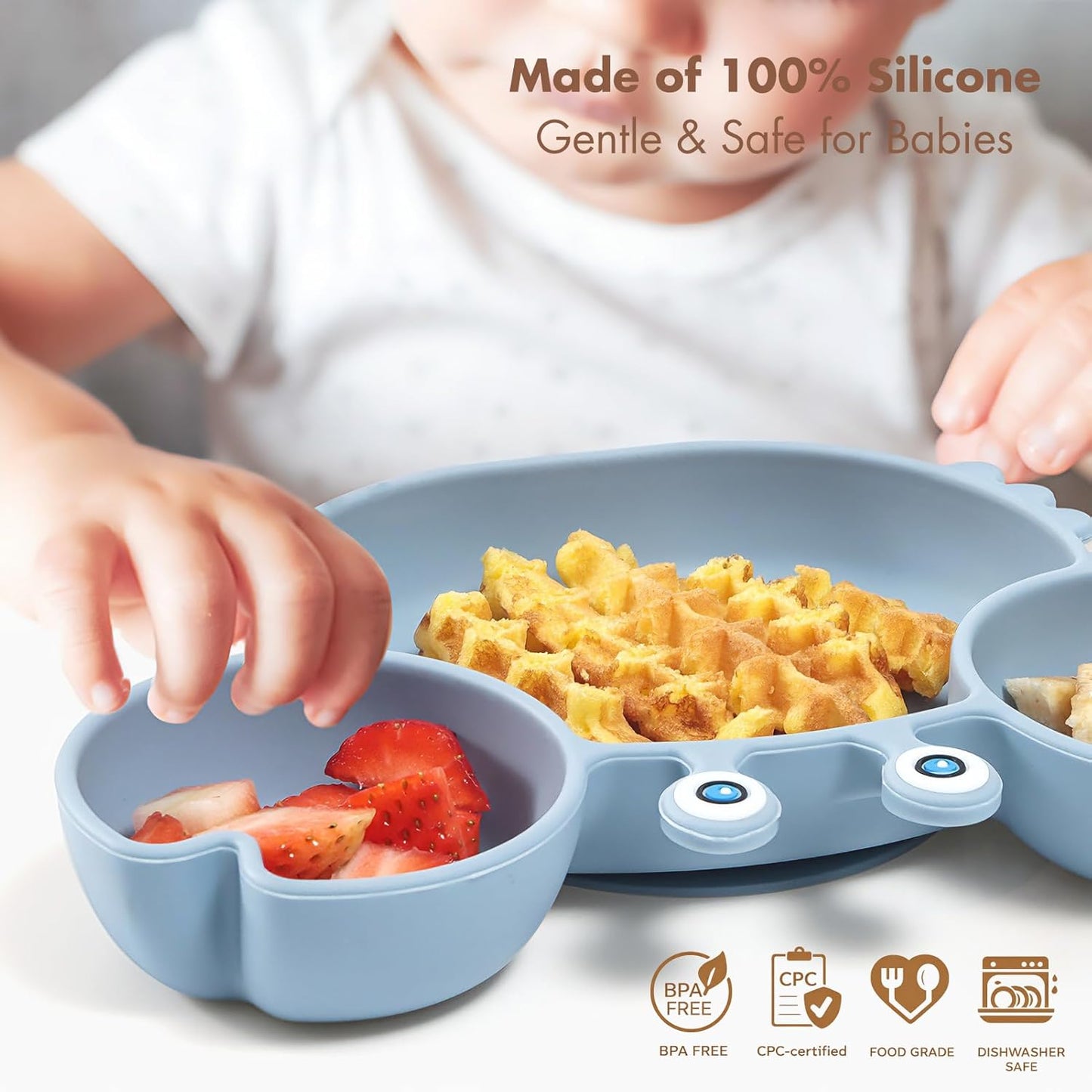 ROCCED Suction Plates for Baby, Silicone Plates with Suction Divided, Baby Spoon Fork Set for Toddler Baby Dishes Kids Utensils-Crab Dusty Blue