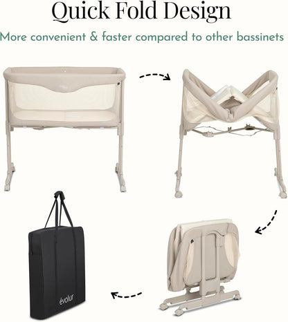 Evolur Kinsley Bedside Bassinet – Quick Fold, Breathable Mesh Sides, Lightweight Portable Baby Sleeper with Carry Bag – Newborn to 6 Months