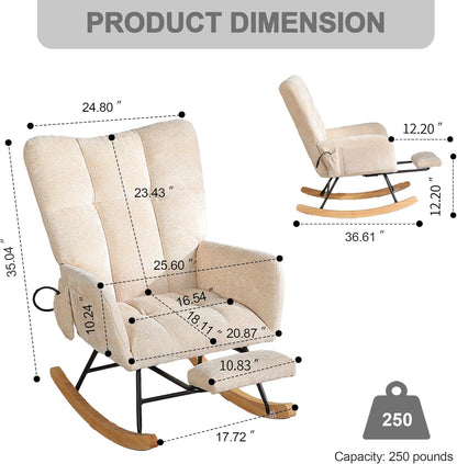 Rocking Chair Nursery with Airbag, Comfy Modern Nursery Rocking Reading Chair indoor with Footrest, Cozy Upholstered Glider Rocker Chairs for Living Room Bedroom Offices(Chenille, Dark Grey)