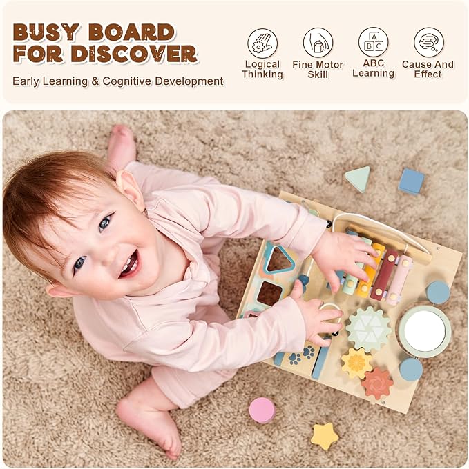 LOL-FUN Wooden Baby Walker with Detachable Busy Board, Push Walker for Baby with Adjustable Speed Wheels, Activity Learning Walker for Boys Girls 12 Months