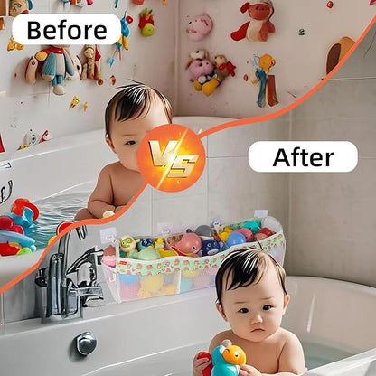 Bath Toy Storage Organizer, 3 Compartments Bath Toy Holder, Large Capacity & Quick-Drying Mesh for Bathtub and Shower, Strong sticky Hooks for Easy Access