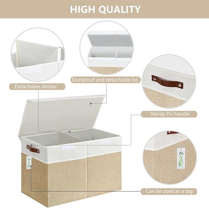 Bagnizer Large Toy Storage Box with Lids, Collapsible Sturdy Baby Storage Organizer Chest Bin Basket for Kids, Boys, Girls, Playroom, Nursery, Bedroom, Closet 25"x13"x16" (Beige and White)