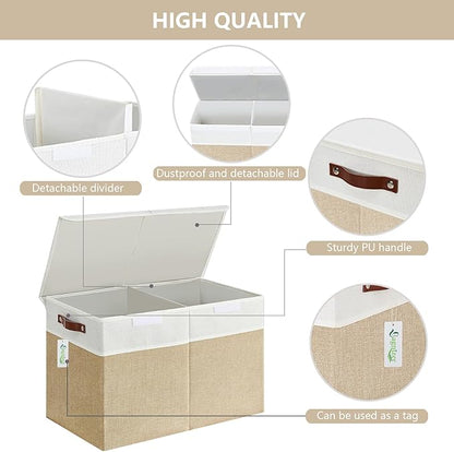 Bagnizer Large Toy Storage Box with Lids, Collapsible Sturdy Baby Storage Organizer Chest Bin Basket for Kids, Boys, Girls, Playroom, Nursery, Bedroom, Closet 25"x13"x16" (Beige and White)