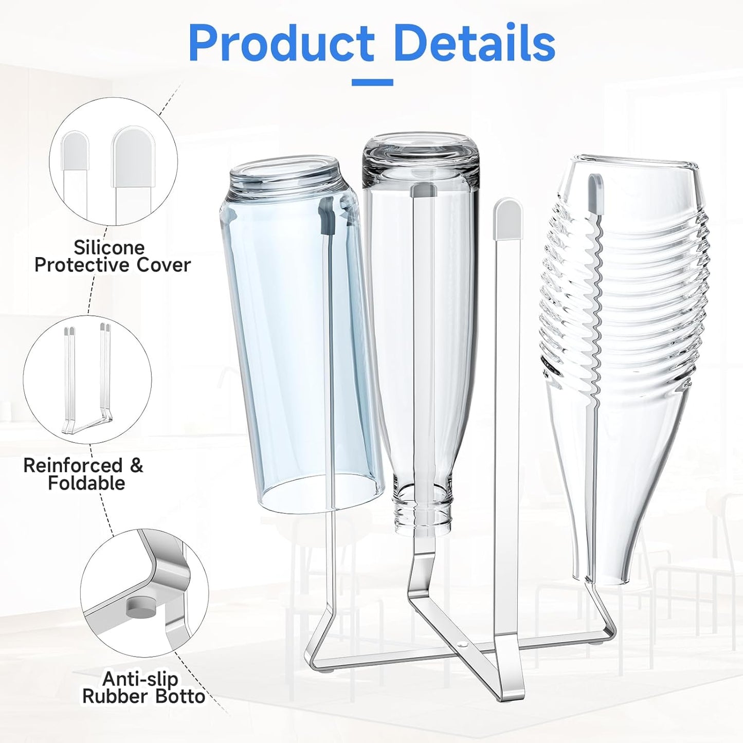 Water Bottle Drying Rack, Foldable Cup Drying Rack for Counter, Stainless Steel Tumbler Dryer Stand, Multifunctional Space-Saving Dryer Racks for Bottles, Baby Bottle, Glass & Plastic Bag (Silver)