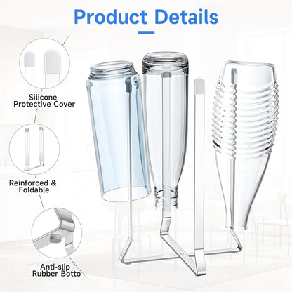 Water Bottle Drying Rack, Foldable Cup Drying Rack for Counter, Stainless Steel Tumbler Dryer Stand, Multifunctional Space-Saving Dryer Racks for Bottles, Baby Bottle, Glass & Plastic Bag (Silver)