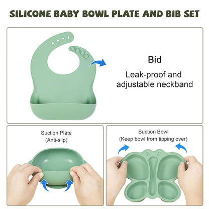 Silicone Baby Feeding Set, Baby Led Weaning Supplies, Baby Food Tableware Silicone Suction Plate, Bowl, Spoons, Fork, Waterproof Bib, Cup & Complementary Food Cake Mold, Baby Eating Utensils
