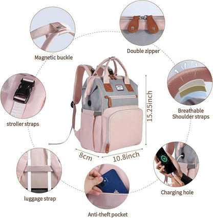 Diaper Bag Backpack: Tote Baby Bag for Boy and Girl, Large Mommy Bag Insulated Pockets Charger Holes for Men and Women, Nappy Bag for Baby Airplane Traveing Pink Gray